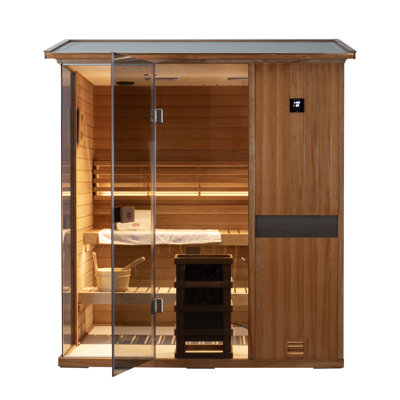 Samsora Outdoor Traditional Steam Sauna For 4-Person 3800W, Mid-Infrared Lamp, 95℉-230℉, Mahogany Wood, Built-In Bluetooth Speaker, Includes Sauna Heater and Sauna Stone, Negative Ion Board