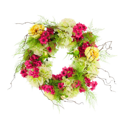 Couronne de 23 po avec pivoines, hortensias et cerisiers en fleurs