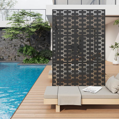 Freestanding Metal Privacy Screen, Laser Cut Decorative Garden Fence Panel with Stand, Rustproof Galvanised Steel Divider, 183x120cm, Black, Brick-Shaped Pattern