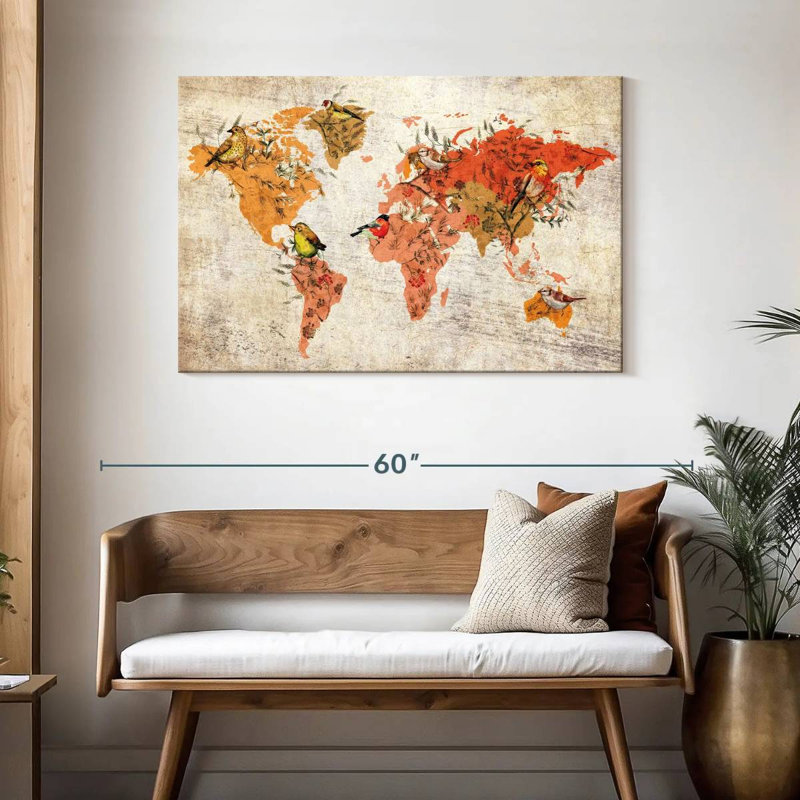 Carte du monde des oiseaux d'automne Aliaz, H 30 po x l 45 po