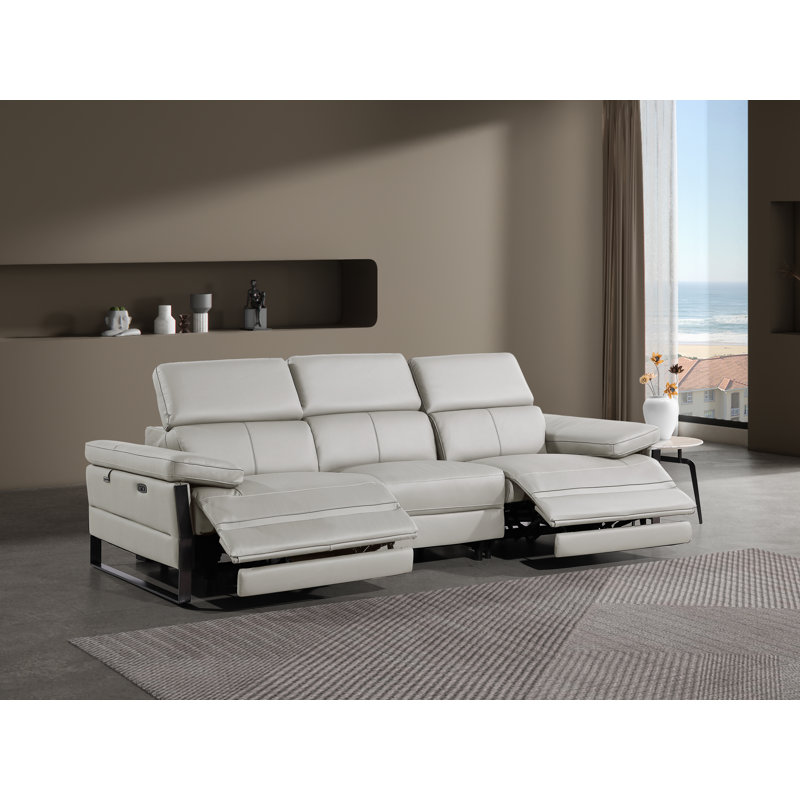 Top Grain Italian Leather Modular Power Dual Reclining Sofa With Power Headrests, Light Gray