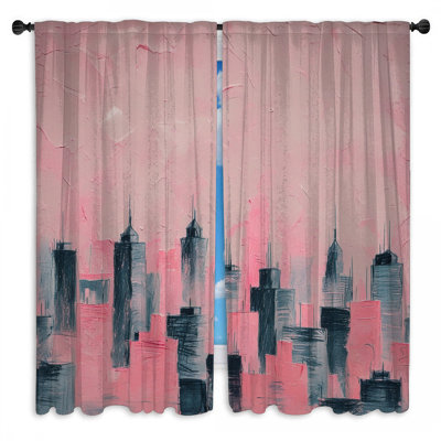 Rideaux de fenêtre rose avec croquis de paysage urbain diaphane et obscurcissant - 2 panneaux