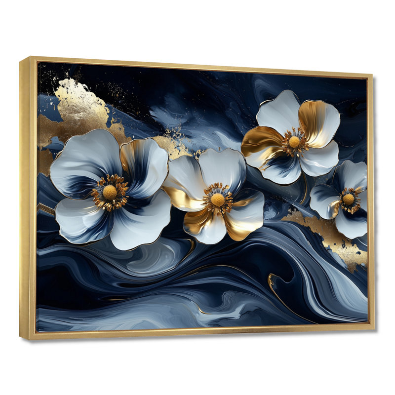Golden Graceful Buttercups III - Buttercups, art mural, Cadre flottant, H 16 po x l 32 po, Doré