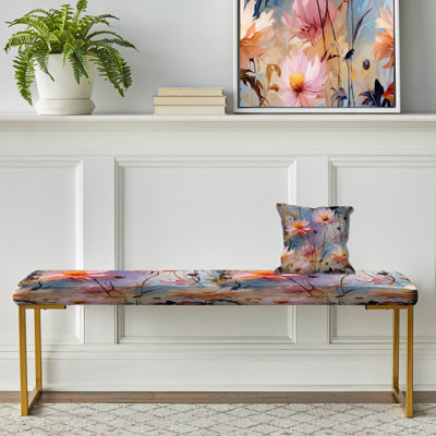 Pink Monets Garden Botanical Pattern I - Floral Upholstered Gold Bench