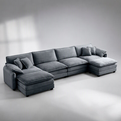 Over Size U Shape Corduroy Sofa, Modern Upholstered 4 Seater with 2 Ottomans, Premium Soft Fabric for Comfort