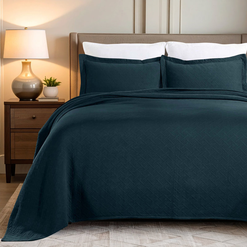 The Blue Nile Mills Basketweave Cotton Matelasse Bedspread And Pillow Sham Set, Deep Sea, King Bedspread + 2 Standard Shams
