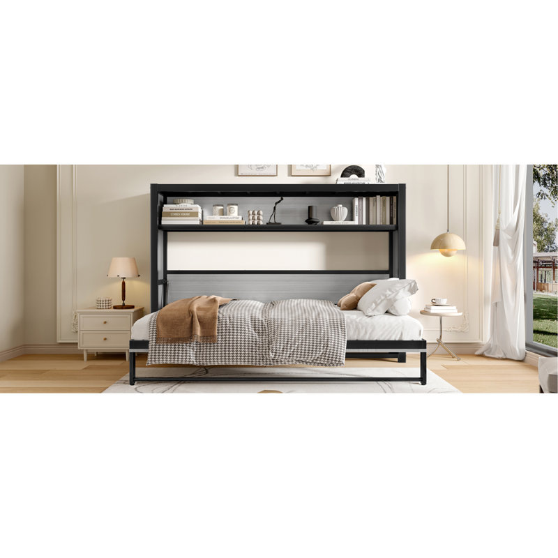 Lit escamotable avec tablettes, lit escamotable en métal au design pliable et peu encombrant, Gris