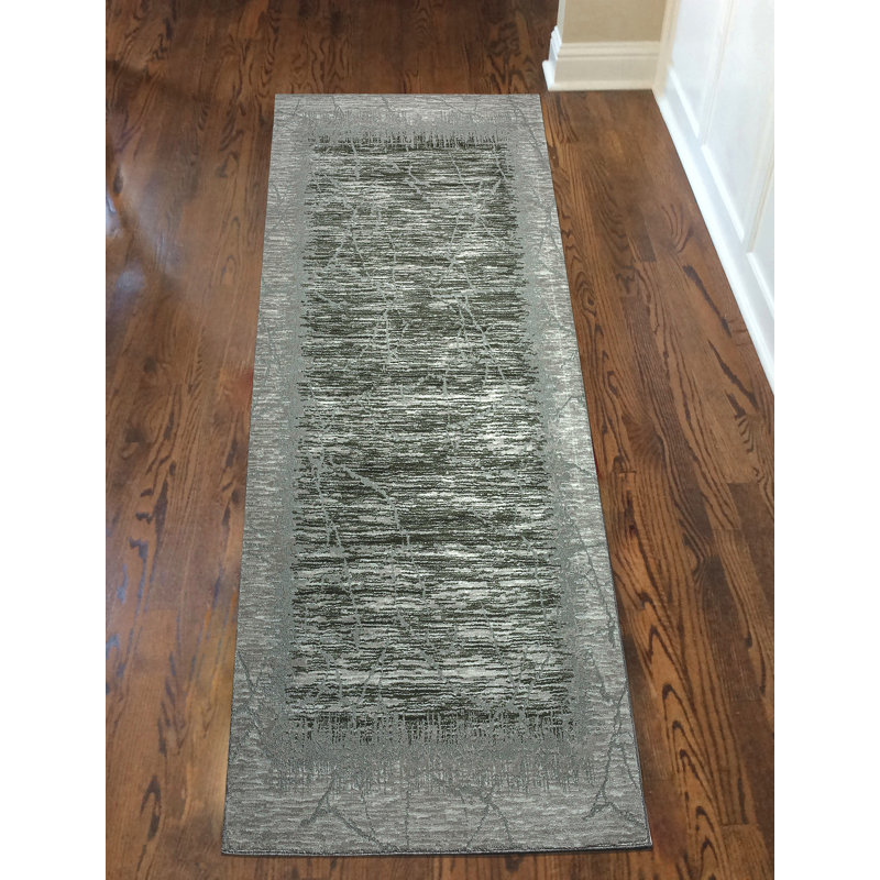 Tapis vert Davide 1229 - motif transitionnel moderne, texture douce haute-basse, Tapis de couloir 2 pi 2 po x 7 pi 7 po