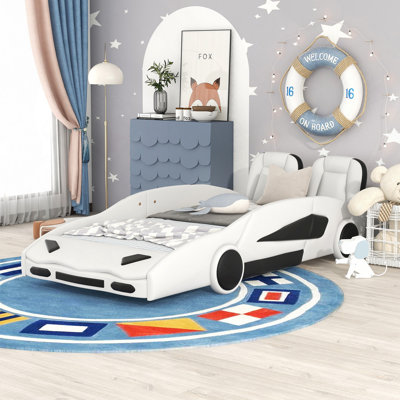Race Car-Shaped Platform Bed With Wheels
