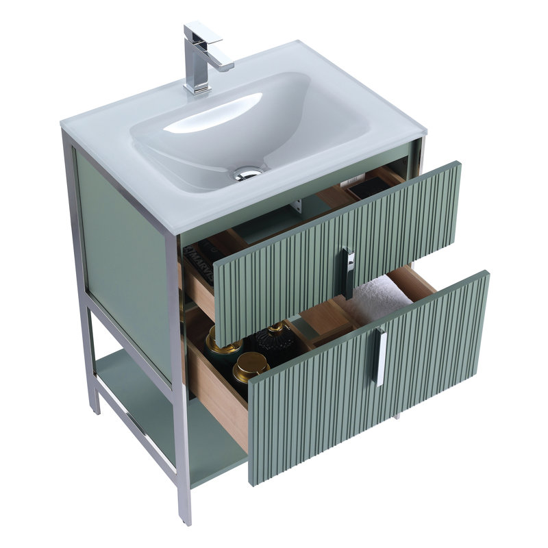  Meuble-lavabo moderne avec plateau en verre blanc Serenity, Vert menthe / chrome, 24"