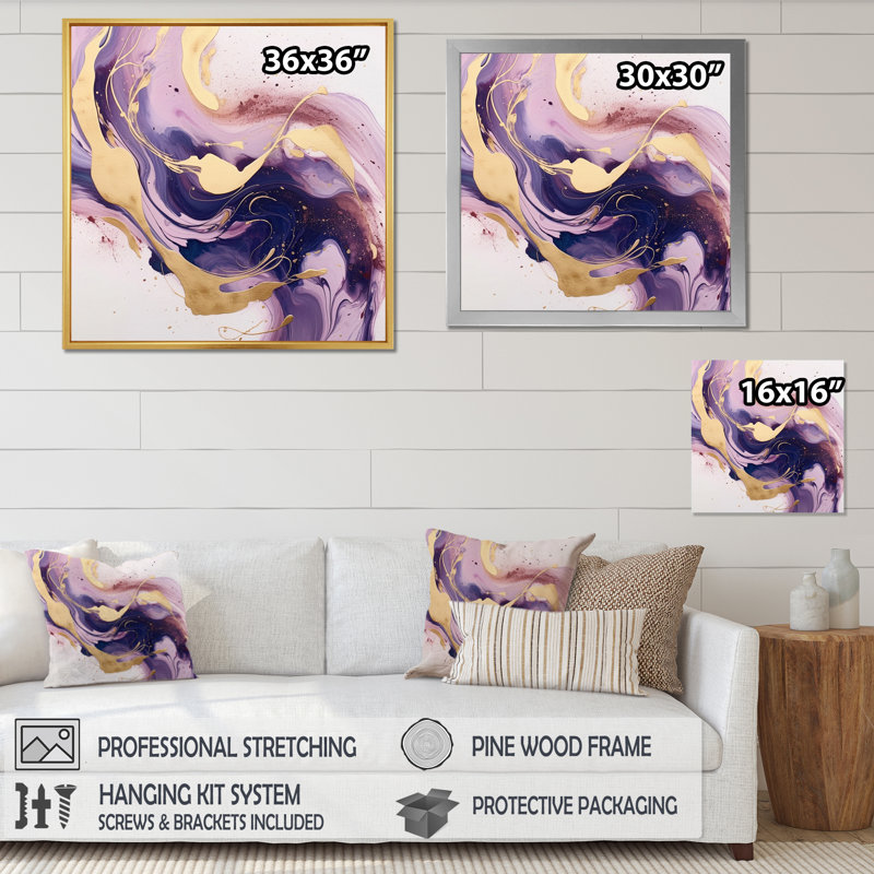 «Mauve et doré», art mural Fractals, Cadre simple noir, H 36 po x l 36 po x P 1,5 po