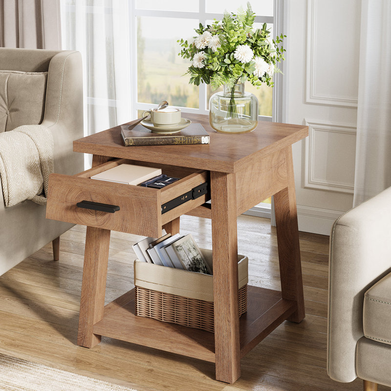 Table d'appoint avec tiroir, table de bout en bois à 2 niveaux avec tablette de rangement, Dark Walnut