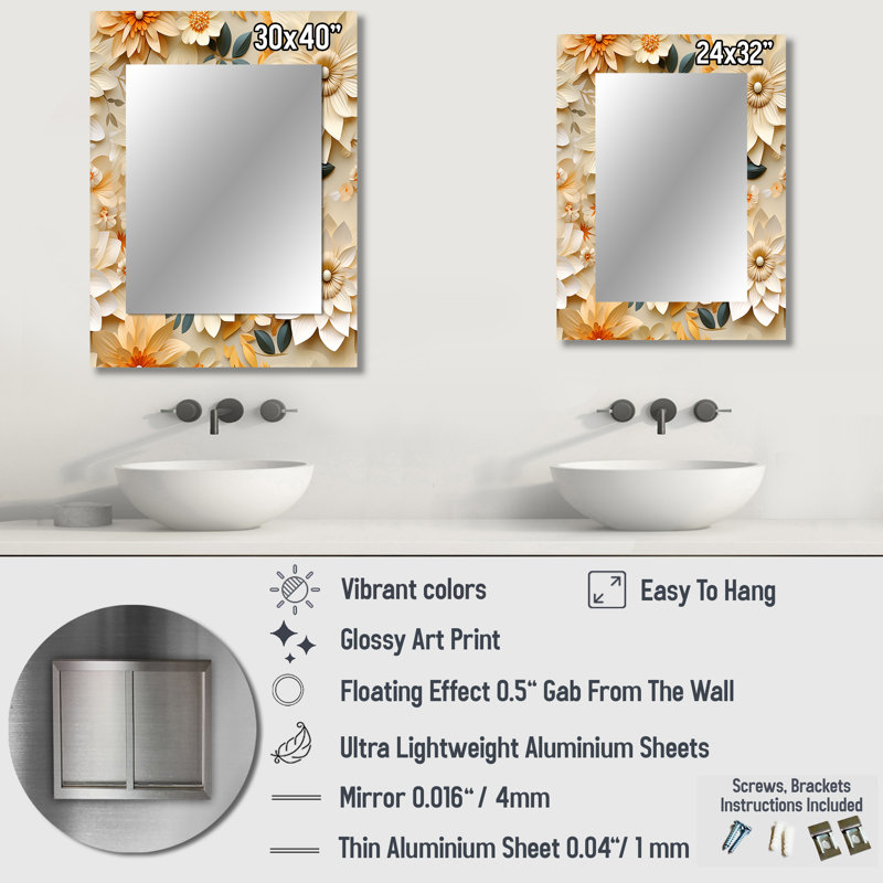 Dahlia Ardele blanc et beige Floral Bloom - grand miroir floral, 32 po x 24 po