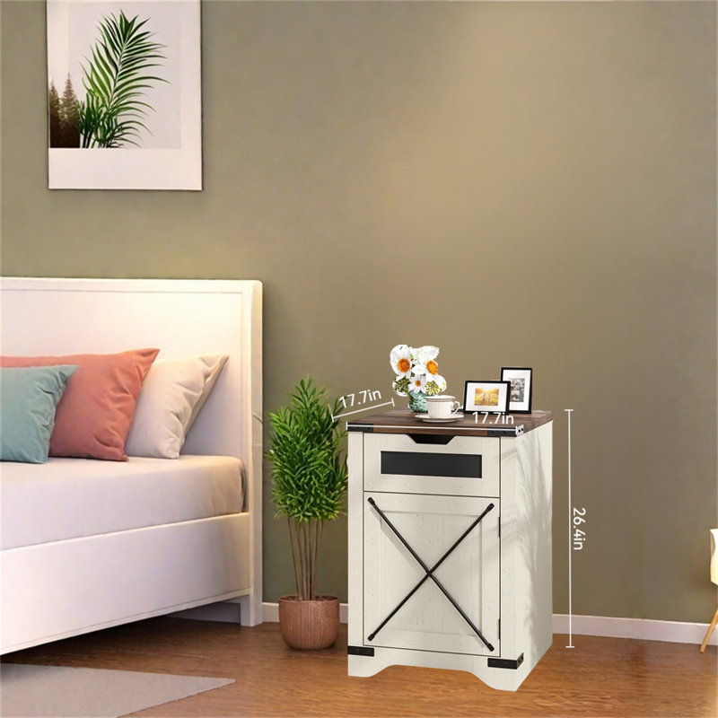 Vintage Farmhouse Nightstand With Charging Station – Rustic Side Table With Drawer & X-Shaped Barn Door, Antique White