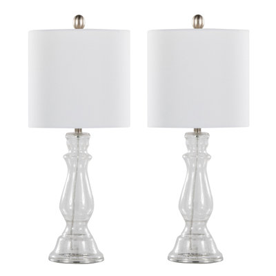 Lampe de table contemporaine 24 "en verre bullé transparent, nickel brossé et abat-jour en lin blanc - ensemble de 2