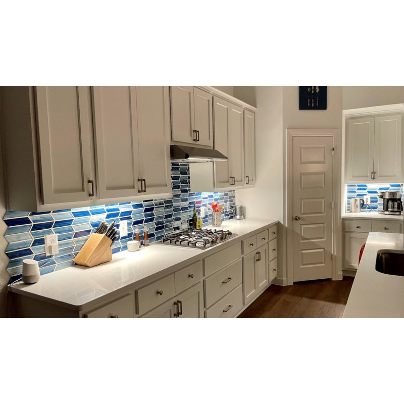 Maya 2x7 Chevron Polished Glass Mosaic Tile, Chevron Azur