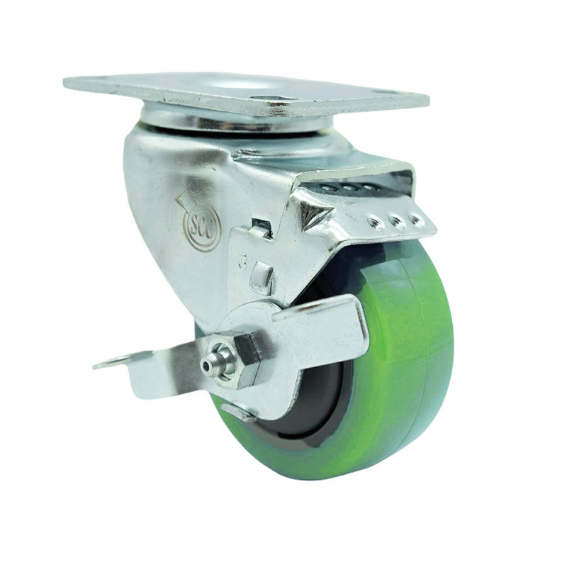 3 Inch Green Polyurethane Wheel Swivel Top Plate Caster with Brake Service Caster
