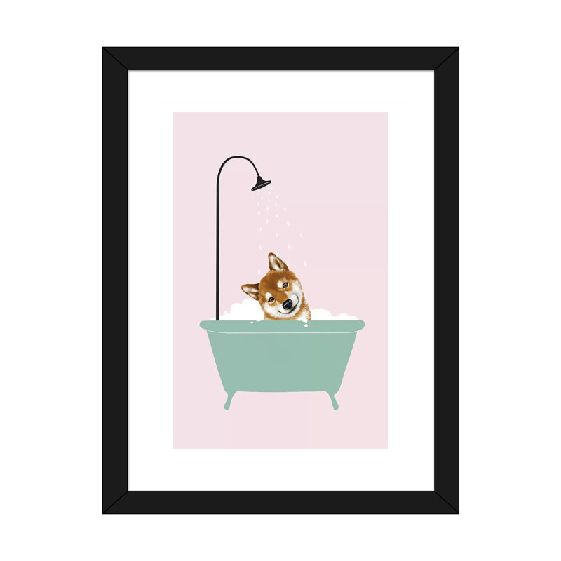 «Shiba Inu Enjoying Bubble Bath» par Big Nose Work - impression d'art graphique, H 24 po x l 16 po x P 1 po, Blanc