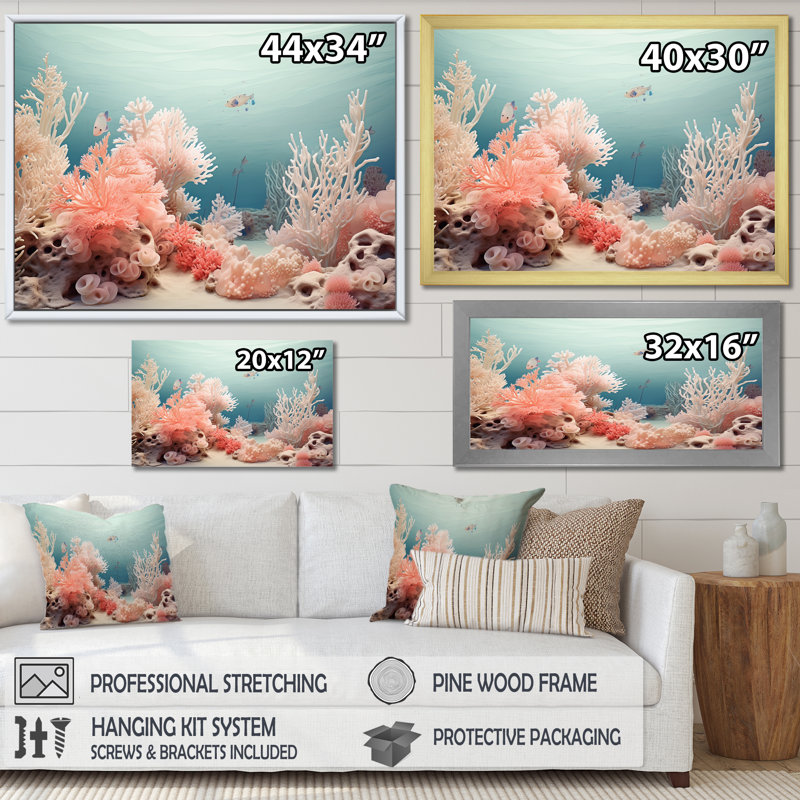 Coral Reef - rose et bleu - impressions sur toile, plage et océan, Cadre doré simple, H 34 po x l 44 po x P 1,5 po