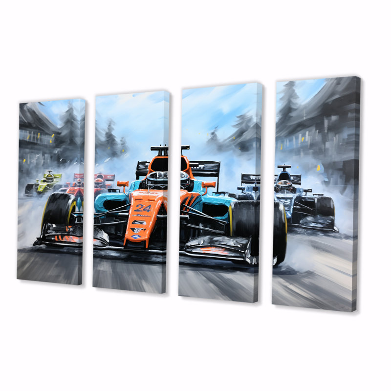 Orange et bleu, voiture de course, art mural 4 pièces, H 28 po x l 48 po