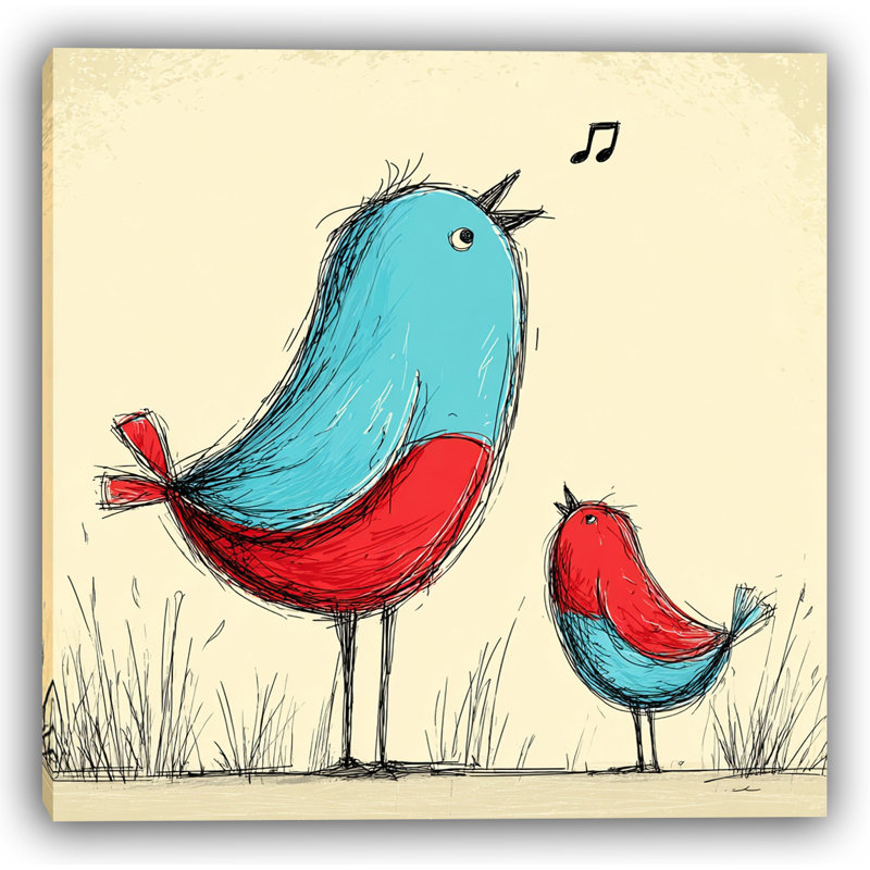 Harmonie de plumes - art d'oiseaux chantants rouges et bleus, H 30 po x l 30 po