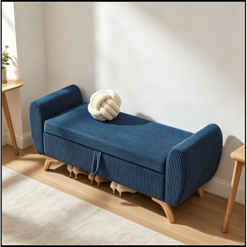 Banc rembourré en velours côtelé avec rangement rabattable, Bleu