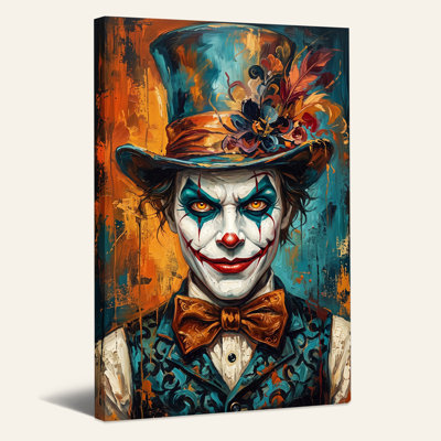 Art mural sur toile, clown de cirque avec chapeau haut de forme à plumes et sarcelle