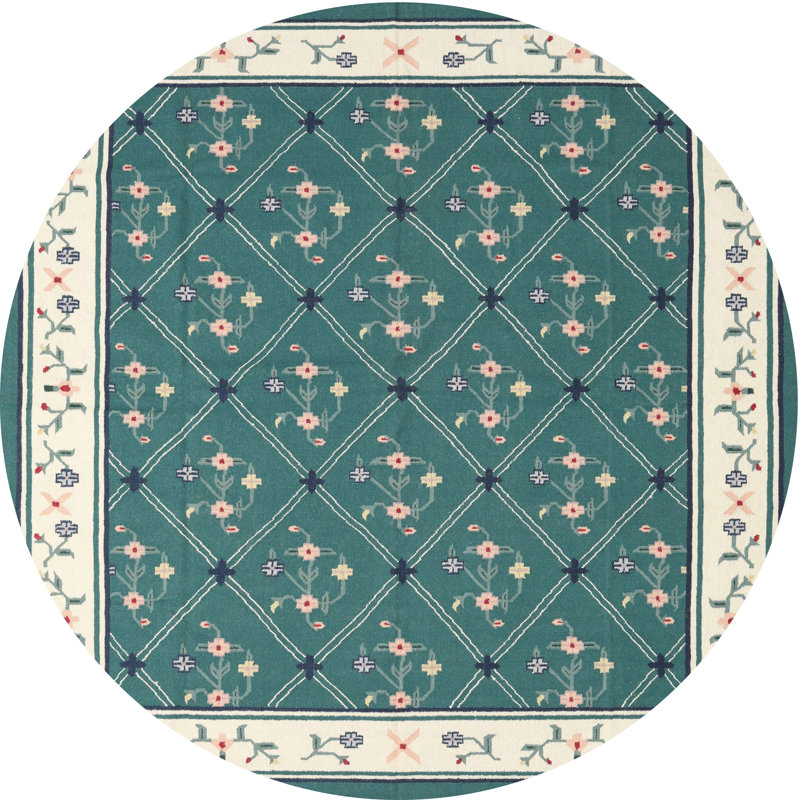 Tapis contemporaine vert/crème/brun, Rond 7 pi x 7 pi