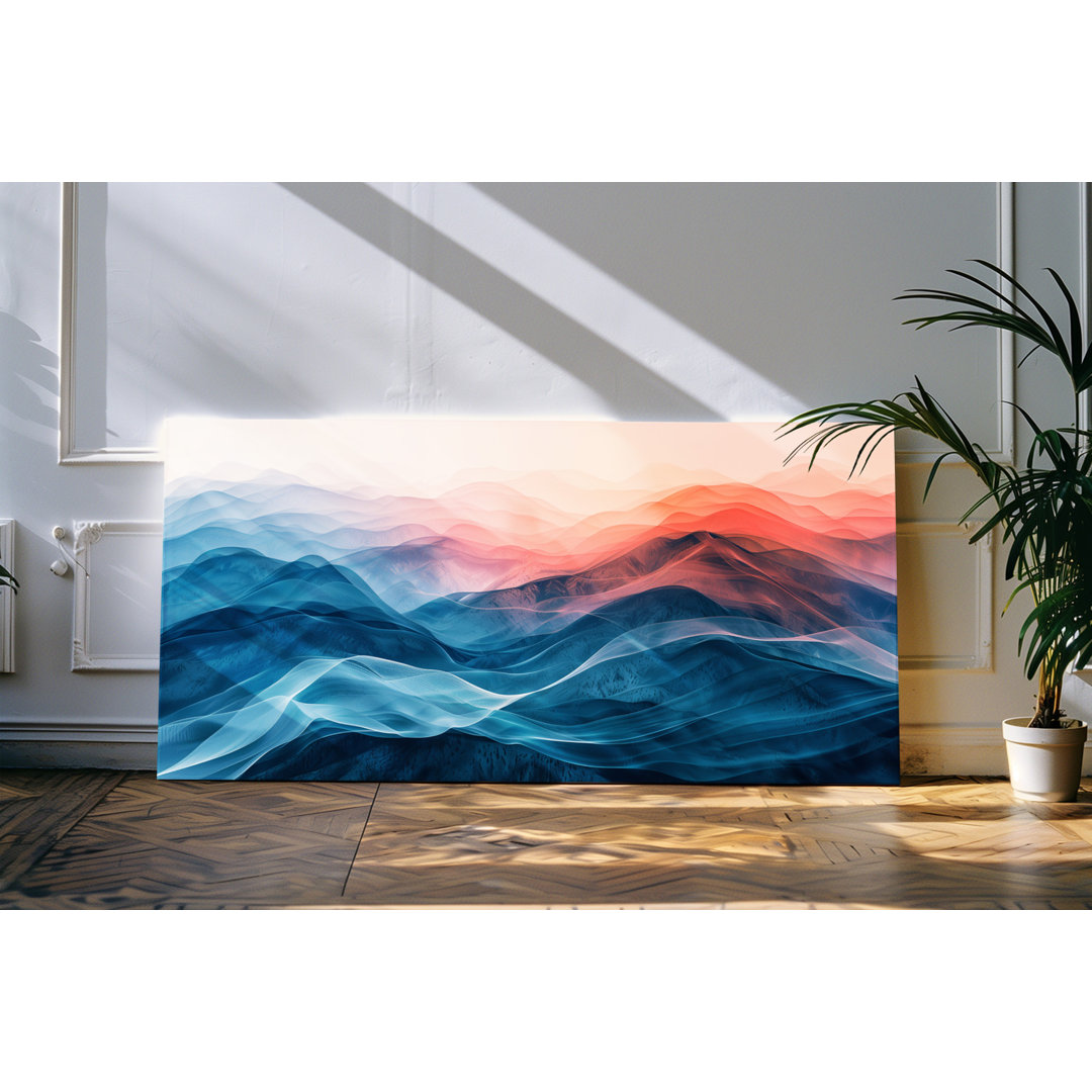 Gerahmtes Bild auf Leinwand 120x60cm Abstrakte Berglinien Berge Blau Rot