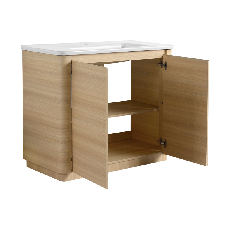 Meuble-lavabo autoportant avec lavabo en céramique blanche et 2 portes à fermeture douce, 40", Chêne blanc
