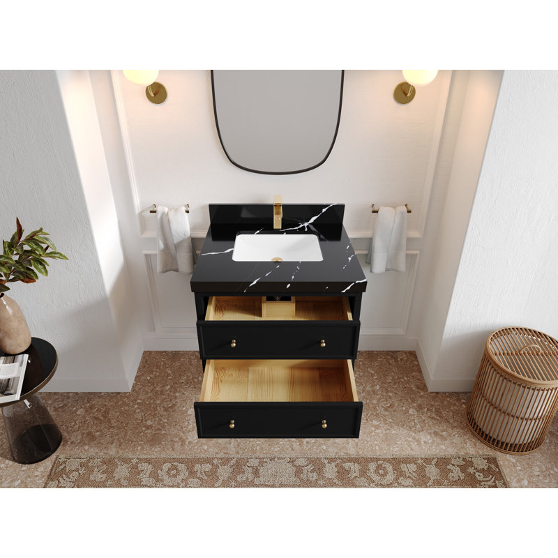 Roswell Floating 30'' Single Bathroom Vanity with Top, Calacatta Black