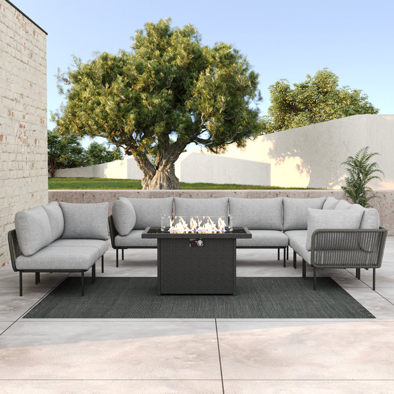 Ensemble modulaire de patio extérieur en osier tressé 9 pièces avec table et coussins, Gris clair