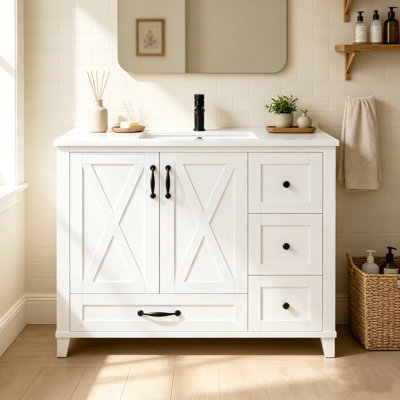 Meuble-lavabo 36 po Farmhouse, armoire de bain autoportante avec portes en X, comptoir en céramique intégré, charnières à fermeture en douceur et barre à serviettes réversible