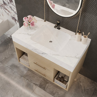 Meuble-lavabo flottant moderne avec armoire et lavabo en bois massif