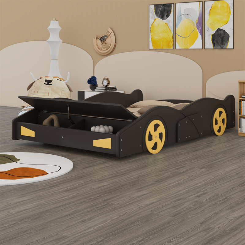 Advaith Wood Platform Bed with Wheels and Storage Space, Full, Black/Yellow