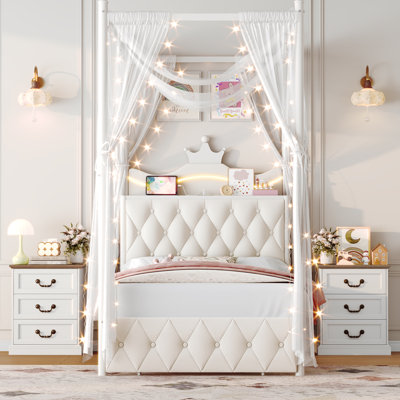 3-Piece Bedroom Sets, Upholstered Metal Canopy Storage Bed With LED Light, Charging Port