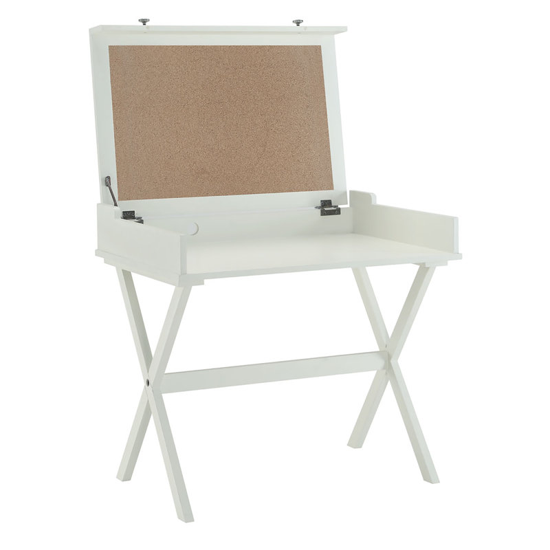 Elegant Ivory 34.25" Compact Flip Top Desk with Cork Board and Storage Drawers, Antique White
