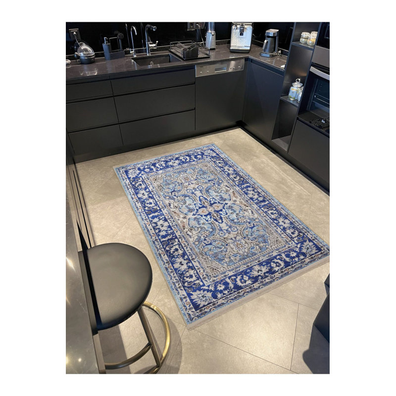 Tapis bleu lavable décoratif floral, Tapis de couloir 2 pi 6 po x 6 pi 7 po inclus