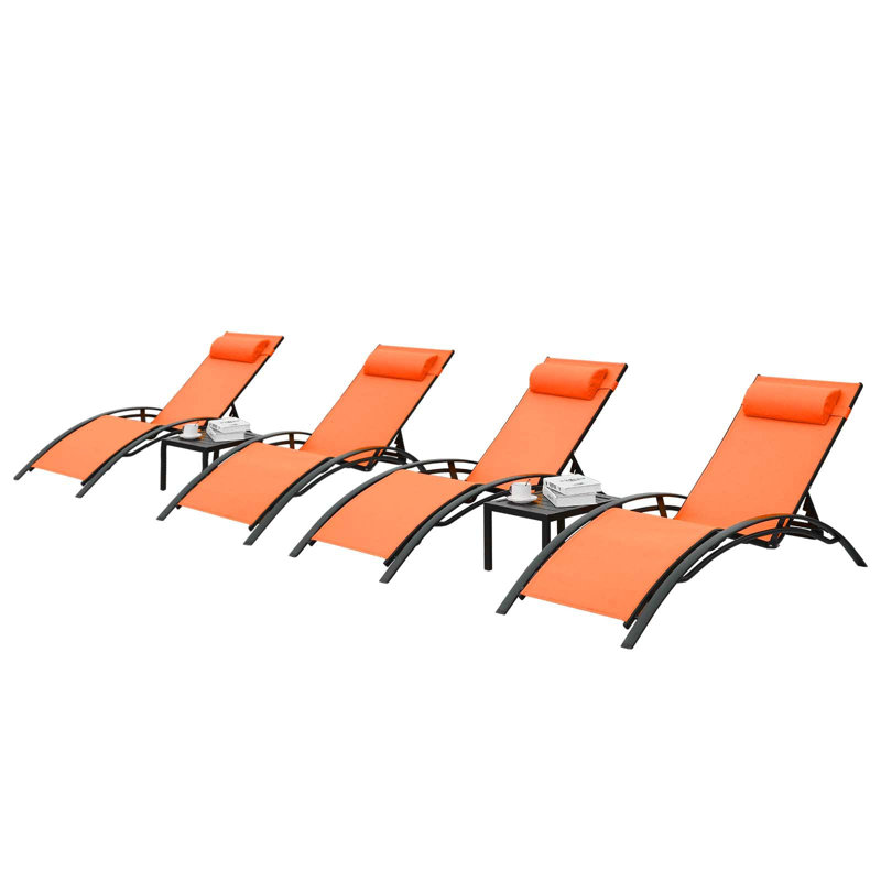 Melisa Poolchairs Patio Chaise Lounge Set With Headrest, 5-Level Adjustable Sunbathing Tanning Poolside Recliner Chairs With Side Table For Outdoor Beach 4 Chairs And 2 Tables