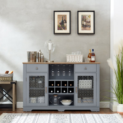 Buffet Modern Farmhouse, buffet avec 2 tiroirs et armoires à portes en verre élégantes, support à vin et verre, bar à café pour la cuisine, la salle à manger, bleu clair et chêne clair, l 56,46 po x P 15,55 po x H 35,74 po