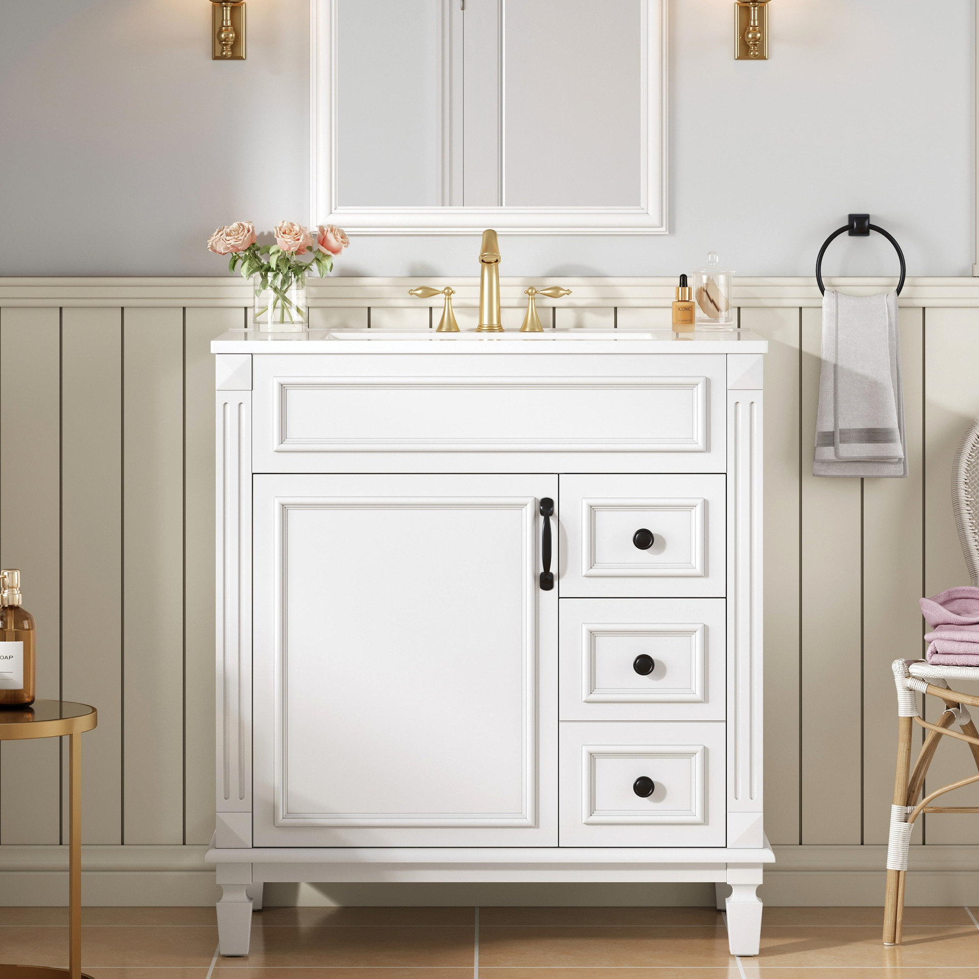 Ebern Designs 30 Inch Bathroom Vanity With Ceramic Sink, Drawer Storage ...