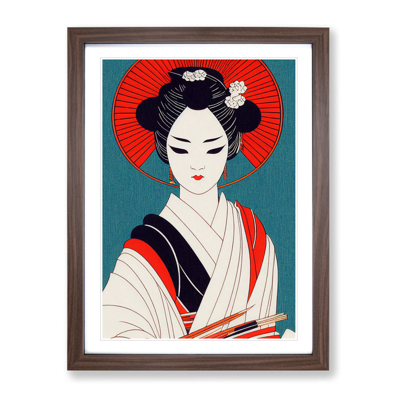 Alluring Geisha - Wall Art, 66cm H x 48cm W, Walnut Framed Paper, White