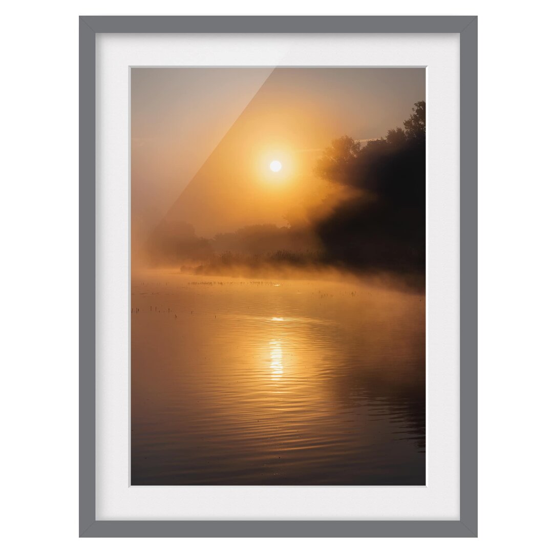 Gerahmtes Poster Sonnenaufgang am See mit Rehen im Nebel