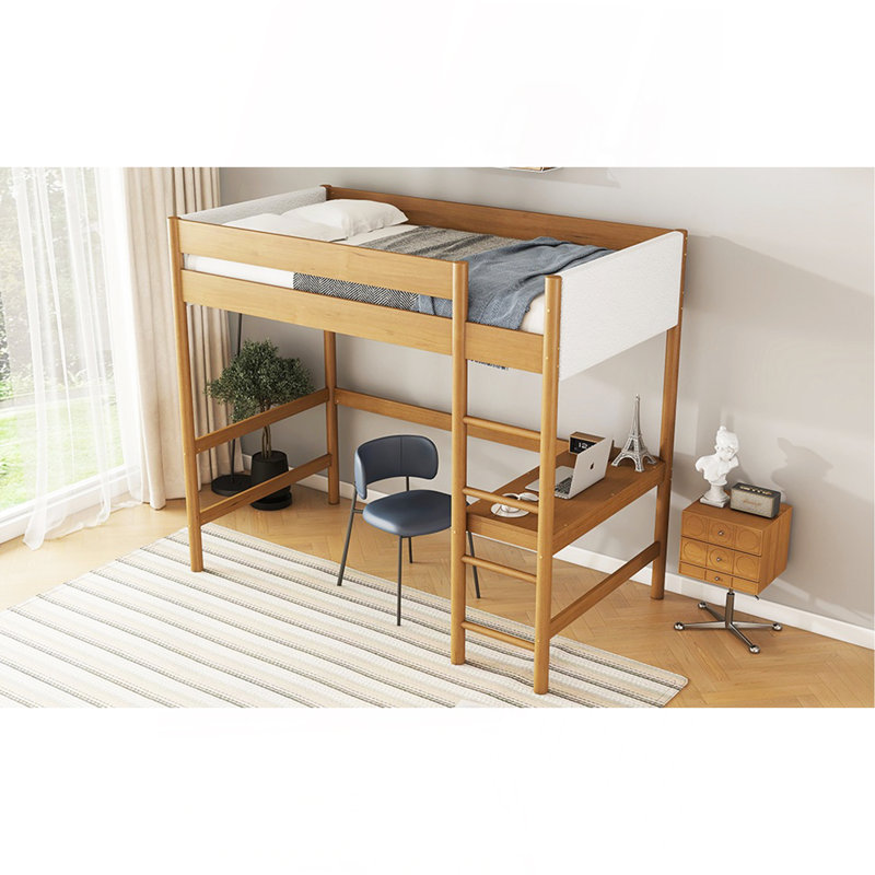 Twin Size Loft Bed With Desk, Boucle Upholstered Headboard And Footboard  With Ladder, Safety Guardrails,  Rubber Wooden Loft Bed,Natural