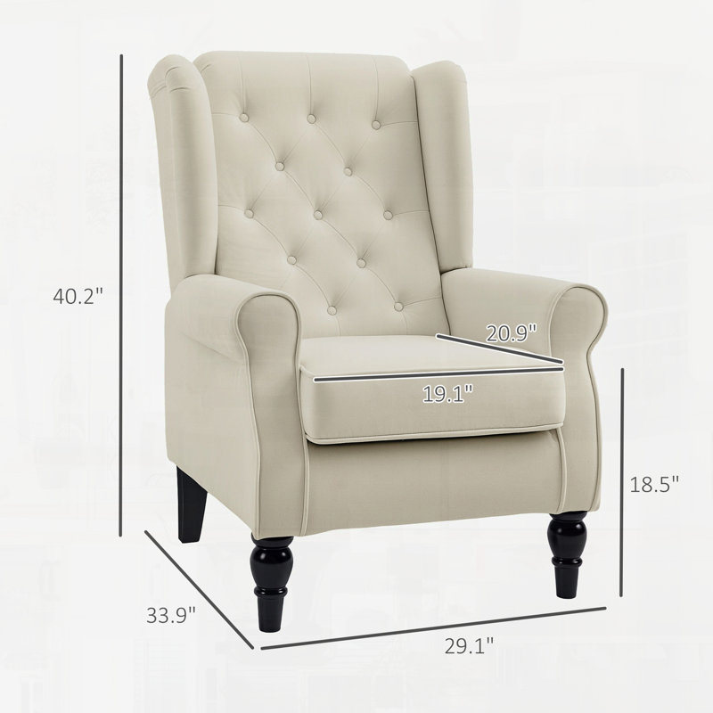 Fauteuil en tissu capitonné à boutons avec pieds en bois rétro pour un confort élégant et un attrait intemporel.