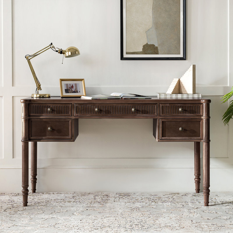 Hoai 55''W Transitional Fluted Simple Assembly Desk with Charging Station and Cable Management, Walnut