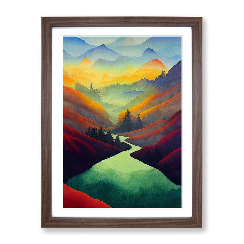 River Landscape Colourful No.1 - Framed Print, 64cm H x 46cm W x 2cm D, Walnut