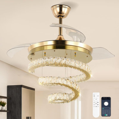 Ventilateurs de plafond en cristal doré de 42 po avec lumières et ventilateurs de lustre télécommandés Ventilateurs de plafond rétractables à DEL à intensité variable 6 vitesses 3 changements de couleur pour le salon de la chambre à coucher