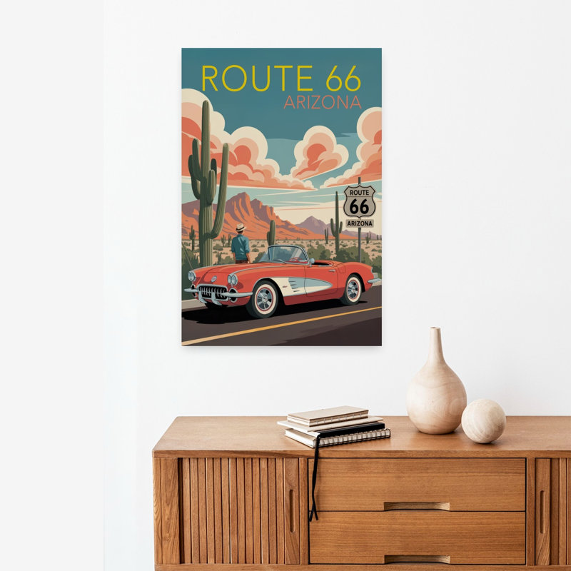 «Route 66», art rétro classique rétro, cactus, paysage, H 24 po x l 16 po