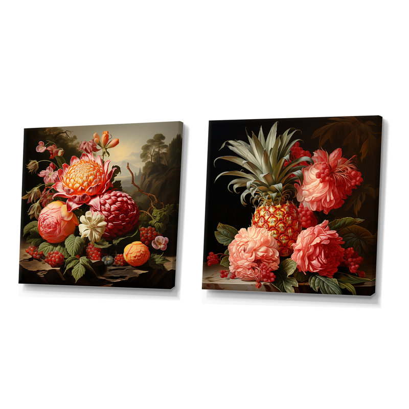 Ensemble de 2 décorations murales de la Renaissance avec fleurs et fruits I - fruits, Toile tendue